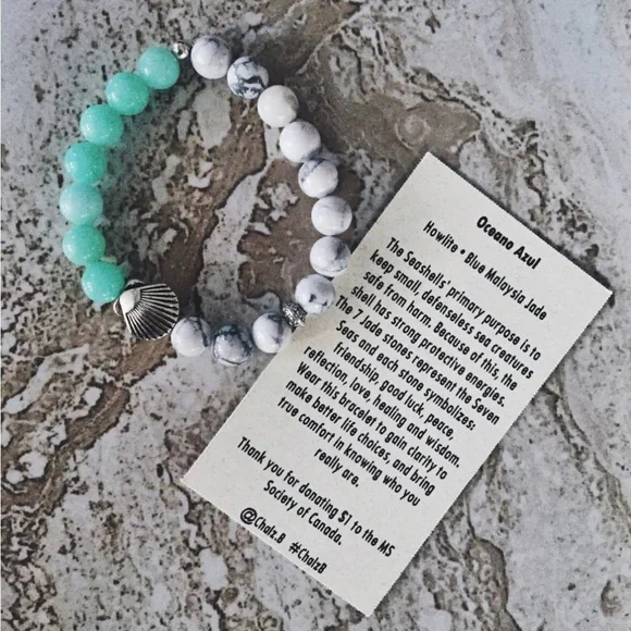 Howlite & Blue Jade Sea Shell Beaded Bracelet with Meaning Card - Picture 2 of 5